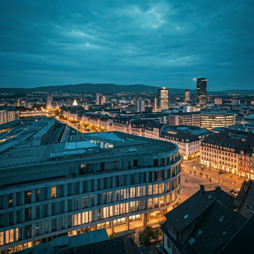 clean minimal aerial perspective of Freiburg im Breisgau city with historic buildings and modern architecture at twilight with soft green light accents