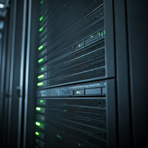 Close-up of a modern server rack with glowing green status lights in a dark high-tech data center environment